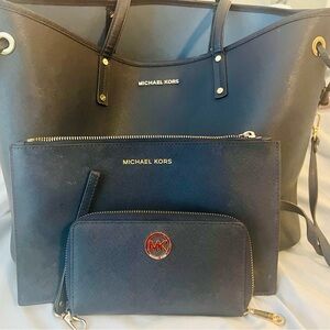 Michael Kors Navy Blue Tote Bag, Wallet, and accessory bag with Gold Hardware